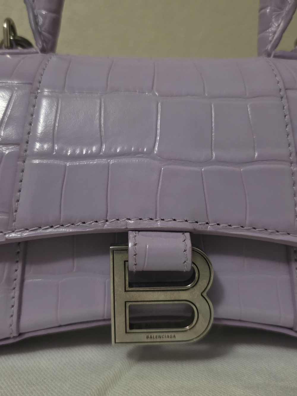 Balenciaga Women's Lilac Croc-Embossed Hourglass Top Handle Bag